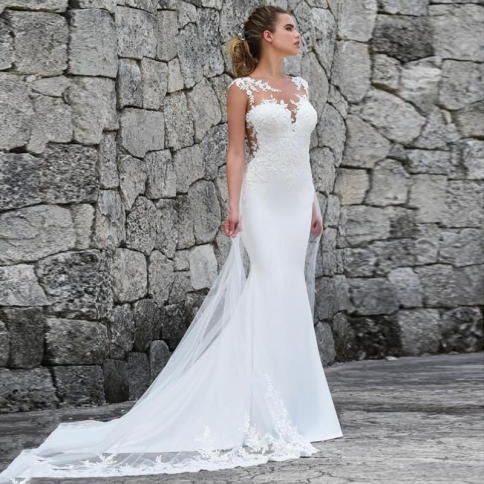 And See-through Wedding Dress Backless Lace Applique Banquet Party Evening  Dress Factory Direct Sale size 10 Color ivory white