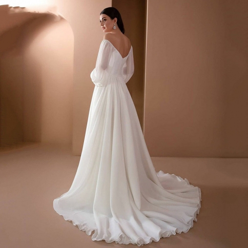 Spring And Summer Simple Strapless Wedding Dress Elegant Backless Puff  Sleeve Chiffon Formal Party Dress size 4 Color Champagne