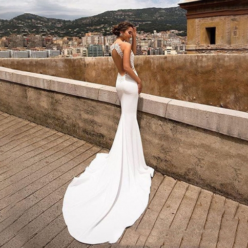 wedding dress fishtail backless Spaghetti Straps Backless Fishtail Ivory Satin Lace Mermaid Wedding Dress Bridal Gown main image 0