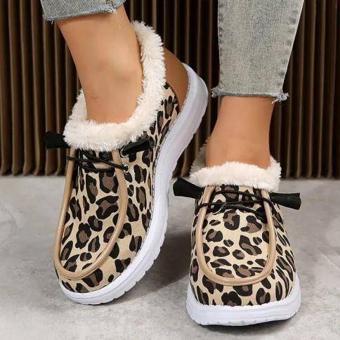 נעלי נשים שטוחות פרווה נמר נעליים חמות חורף חדש 2024 פלטפורמת אופנה מגפי קרסול כותנה הליכה מגפי שלג botas de