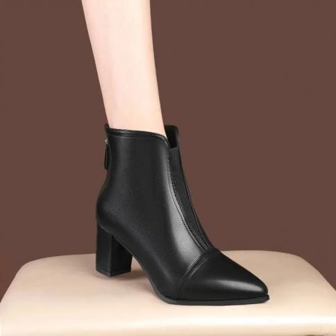 מגפונים לעקב עבה לנשים אביב קיץ סתיו מגפיים בודדים 2023 נעלי עקב חדות חדות אופנת אמצע עקב