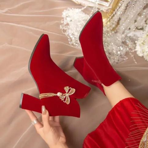 מגפי קרסול אדומים מחודדים חורף מגפי נשים עקב מרובע רוכסן צד 2023 גומי עקבים גבוהים מגפי חתונה שימוש מגפי אופנה 20