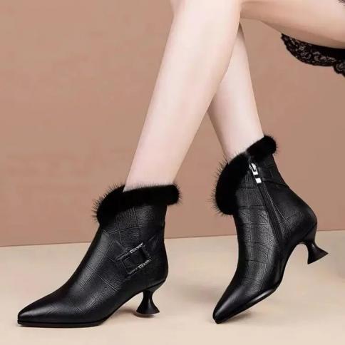 מגפיים נעלי חורף מפלצת ראש מחודדת עם רוכסן בצבע אחיד שחור חם בסגנון פשוט אופנה מגפיים עקבים גבוהים