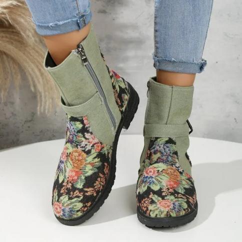 מגפי נשים 2023 חדש בגודל גדול אופנה אבזם חגורת מגפיים קצרים נעלי נשים נעלי קרסול וינטג' רקומות zapatos de m