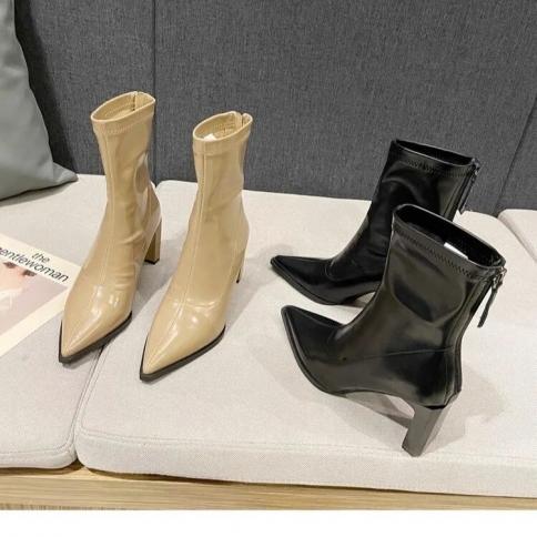 אופנה מגפיים קצרים מחודדים לנשים 2024 סתיו וחורף חדשים אלגנטיים אלגנטיים עבים עם עקבים גבוהים מגפי קרסול משאבות botas de muje