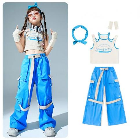 Hip Hop Girls Crop Tops Blue Loose Cargo Pants Child Tank Top Cool  Streetwear Clothes Sets Kids Street Dance Jazz Stage Color 3 pcs sets Kid  Size 170