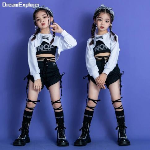 Girls Hip Hop Crop Top Hot Pants Cool Outfits Child Streetwear Sweatshirt  Street Dance Shorts Kids Jazz Costumes Clothes Color black shorts Kid Size  180