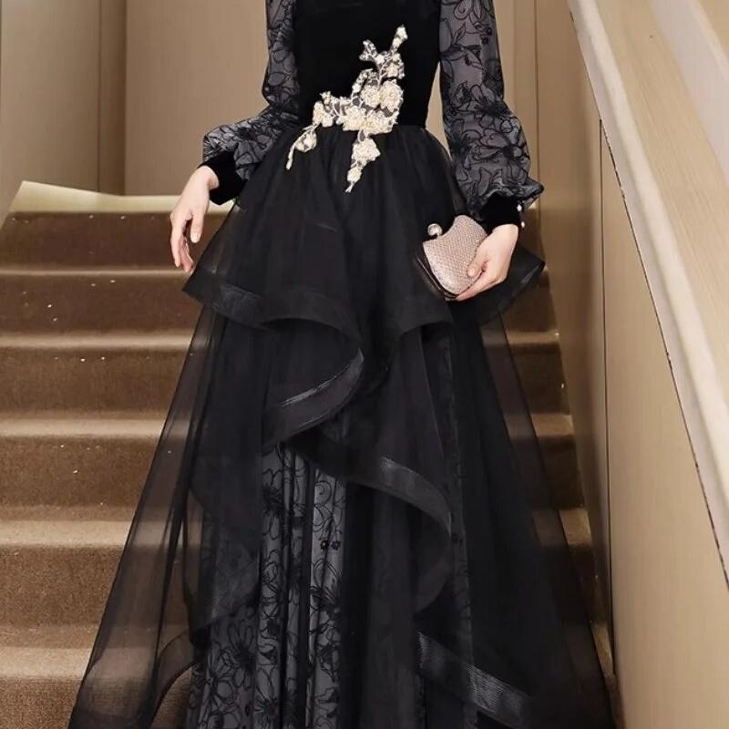French Style Balck Formal Evening Dress Women Square Collar Long Sleeve Prom  Gown Party Banquet Tiered Tulle Formal Dres Color Black US Size XL