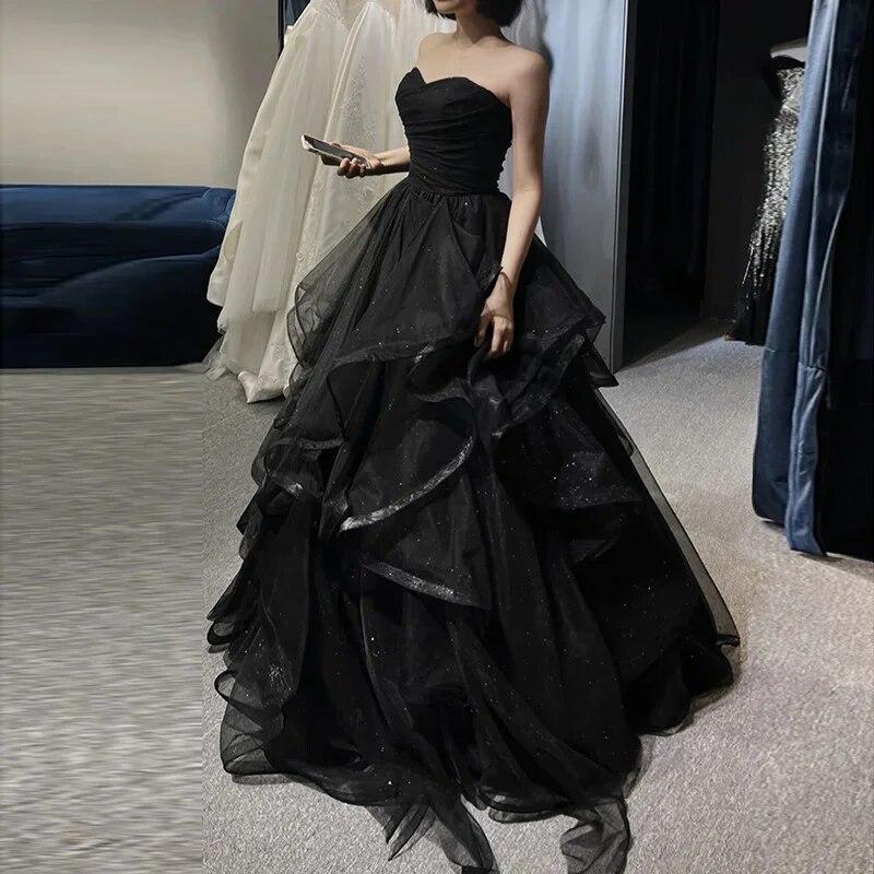 Black Elegant Wedding Dress Tube Top Strapless Prom Dresses Gauze Ball Gown  For Evening Party 2024 New Maxi Formal Dress Color Black US Size M