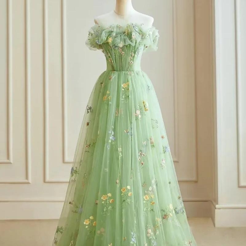 Vintage Green Prom Dresses Princess Sleeveless Homecoming Dress Romantic  Strapless Floral Embroidery Women Vestidos De N US Size 24W Color Green-D