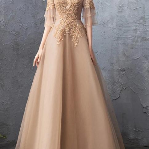 Elegant High Neck Half Flare Sleeves Evening Dresses Luxury Gold Color  Applique Formal Gown Slim Waist A Line Vestidos D Color Gold US Size XL
