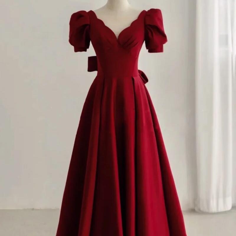 Hobble Corset Dresselegant Vneck Satin Evening Dress Aline Corset With Puff  Sleeves Color Burgundy US Size custom-noreturn