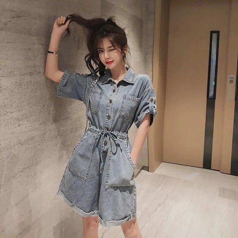 Denim Jumpsuits Women Half Sleeve Loose Oversized Casual