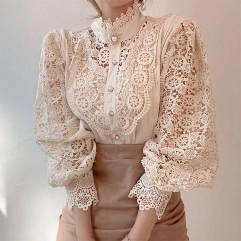 Elegant Lace Stitching Women's Autumn Blouses Fashion Puff Long Sleeve Top  Casual White Shirt Youth Woman