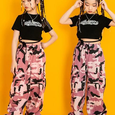 New Ballroom Hip Hop Dance Clothes Girls Pink Crop Tops Pants
