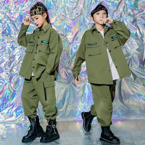 Kids Street Dance Clothes Girls Hip Hop Outfit Army Green Long