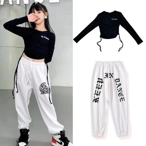 2023 New Jazz Dance Costumes For Girls Black Crop Tops Loose Pants Street  Dance Wear Modern