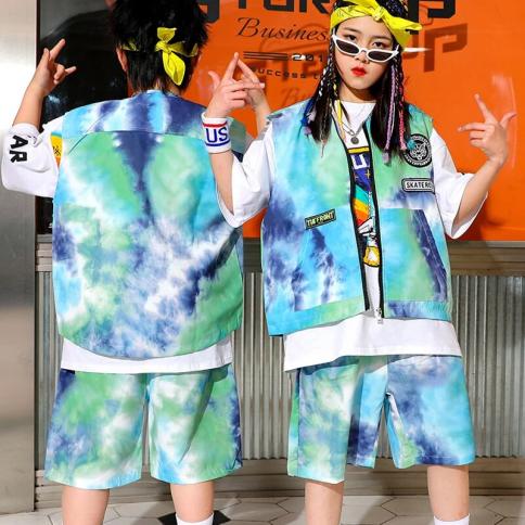 fashion tie dye אפוד חליפת מכנסיים קצרים רפויים תלבושות ריקוד ג'אז לילדים בלרום היפ הופ ריקוד בגדי רייב בגדי הופעה