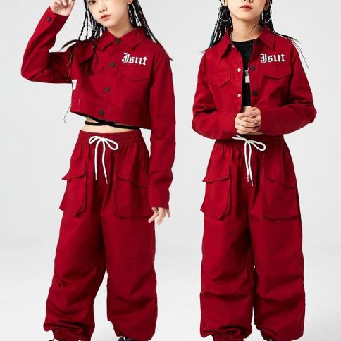 בנות בגדי היפ הופ ג'אז ביצועים תחפושת מעיל אדום מכנסי היפ הופ מכנסיים kpop טבור תלבושת מודרנית ריקוד בגדי במה ללבוש