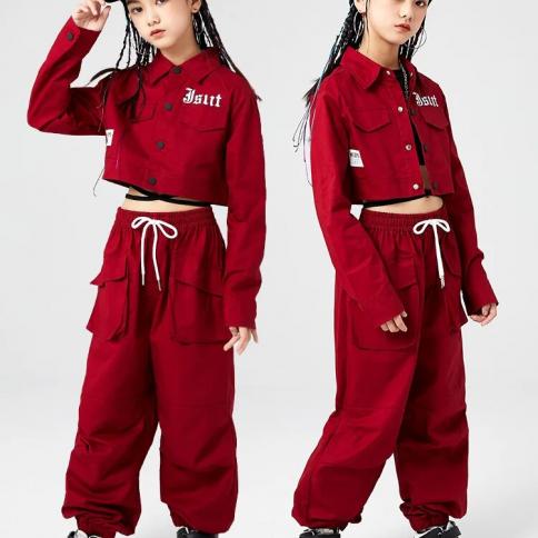 בנות חדשות תלבושות ריקוד ג'אז בגדי הופעה היפ הופ אדום שרוולים ארוכים מכנסיים מטען מעיל טבור kpop ילדים היפ הופ אאוטפי