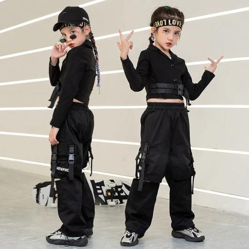 בגדי היפ הופ יפים לילדים בנות חליפה שחורה תלבושת ריקודי ג'אז תלבושות תלבושות מסלול רחוב עם שרוולים ארוכים