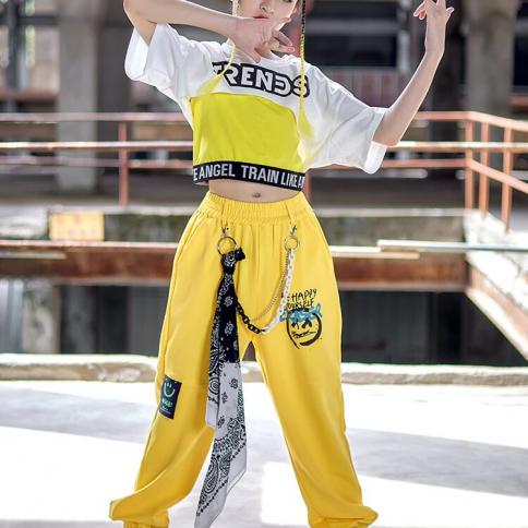 תלבושות היפ הופ לילדים בגדי ריקוד ג'אז לילדות קרופ טופ מכנסיים אפוד צהובים בגדי ריקודים סלוניים בגדי תלבושת מופע במה