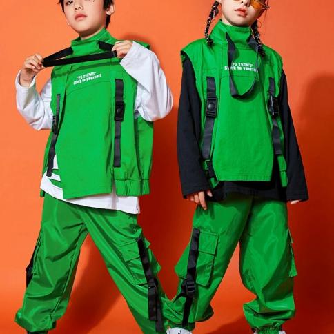 2024 ילדים בגדי ריקוד ג'אז בנים מכנסיים אפוד ירוקים בנים אופנה בגדי היפ הופ בנות תחפושת מופע ריקוד מודרני