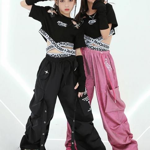 kpop ג'אז תחפושת ריקוד בנות בגדי קרופ שחורים מכנסי אופנה בגדי ביצועים היפ הופ לילדים תלבושת ריקוד מודרני