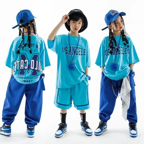 ריקודי רחוב ילדים בגדי היפ הופ בנות בנים כחולים שרוולים קצרים מכנסיים חולצת טריקו מזדמנים בגדי רייב רפויים ללבוש אימון ב