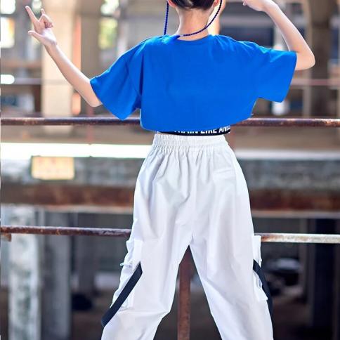 2022 Hip Hop Girls Dance Clothes Summer Blue Short Sleeves Suit Loose Tops  Pants Street Wear