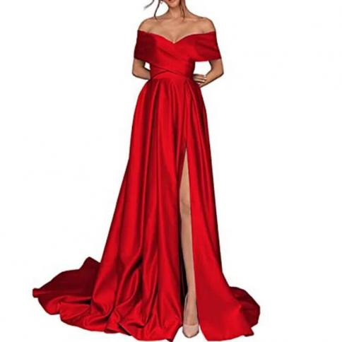 off shoulder satin evening dresses classic pockets a line rose red pleated side slit long prom dress فساتين الس