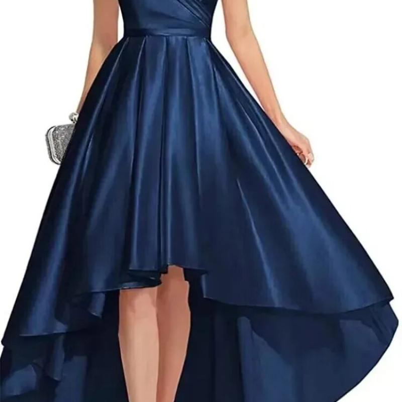 Temperament Short Front Long Back Satin Prom Dress Elegant One Shoulder  Graduation Dresses Simple Pleated Solid Vestido US Size 26W Color Custom  color 3