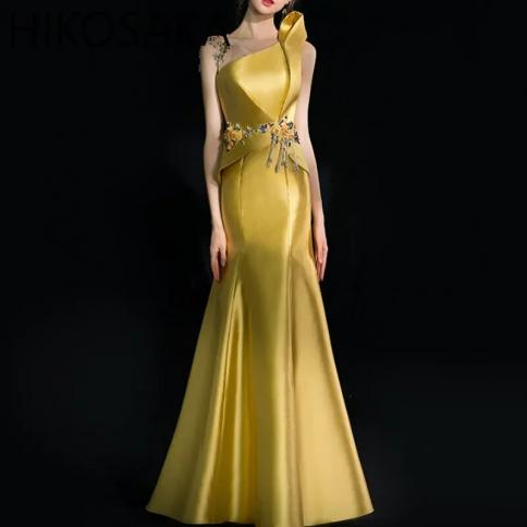 Elegant Gold Evening Dress 2024 Spring Summer New Style Banquet Temperament Fishtail  Dress Luxury Casual Evening Dress Color Gold US Size M