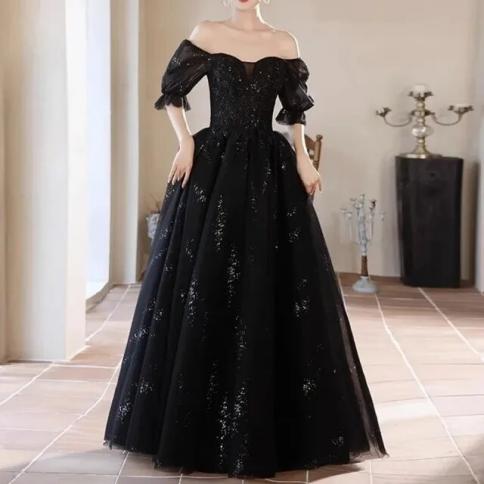 French Elegant Waist Black Evening Dress One Shoulder Birthday Prom Dress  Simple Ball Gown Pleated Mesh Wedding Party D Color Black US Size XXL