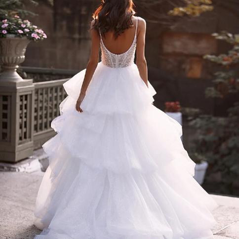 Glittering Tiered Skirts Wedding Dresses Lace Appliques New Backless  Country Bridal Gown Custom Made Princess Wedding G US Size 14 Color Ivory