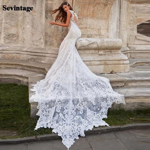 Sevintage שנהב בתולת ים שמלות כלה יוקרתיות תחרה אפליקציות טול שמלות כלה עם רכבת מתוקה חתונה ללא שרוולים