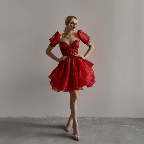 sevintage גליטר אדום שמלות כלה קצרות שרוולים נפוחים מתוקה קו שמלת כלה צנועה שמלת מסיבת כלה gelinl