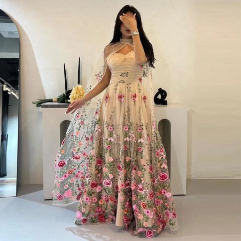 sevintage תחרה אלגנטית אפליקציות פרחוניות טול שמלות נשף עם שכמייה ערבית סעודית קו שמלת ערב שמלת מסיבה רשמית
