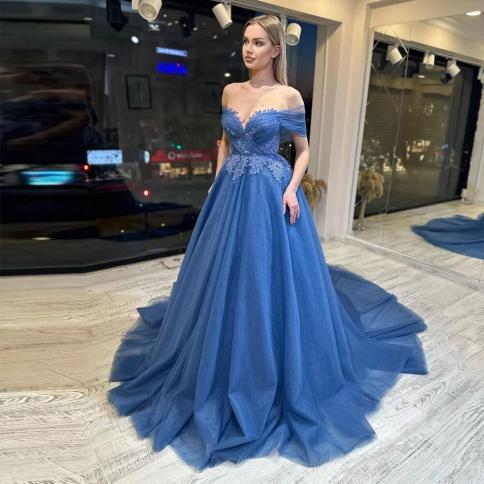 sevintage מאובק כחול טול שמלות נשף אפליקציות תחרה מחוץ לכתף קפל קו שמלת ערב מרופדת מסיבת חתונה