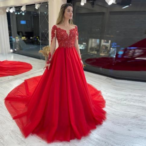 שמלות נשף סווינטג' אדומה טול אפליקציות חרוזים תחרה שרוולים ארוכים קפל קו שמלת ערב מרופטת שמלת מסיבת חתונה