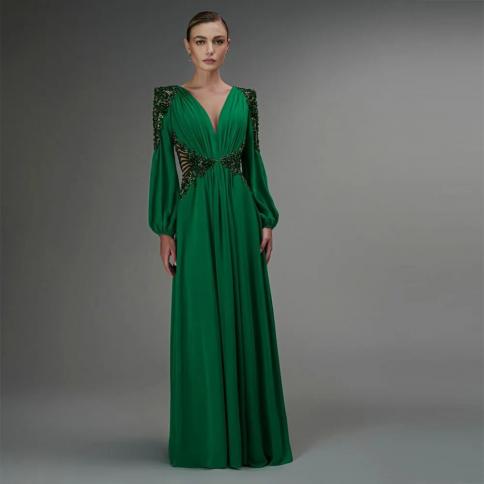 שמלות נשף משיפון ערבית סעודית ירוקה סווינטג' חרוזים קריסטל צווארון ארוך שרוולים ארוכים קו שמלות ערב vestidos de