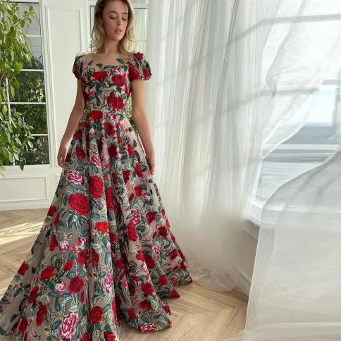 sevintage רקמה מעודנת תחרה פרחונית טול שמלות נשף או צוואר קו ארוכות שמלות מסיבת חתונה שמלת ערב 2024