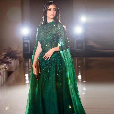 Sevintage יוקרה חרוזים ירוקים נצנצים שמלות נשף שרוולים ארוכים שמלות ערב ערב סעודית קו שמלות לאירוע רשמי
