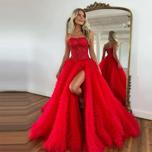 סוינטג' אדום קומות סלסולים טול שמלות נשף קפל מפוצל בצד עמוד שמלת ערב שמלת ערב סיום