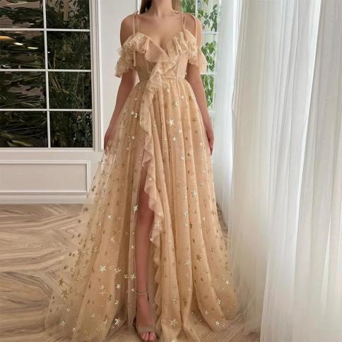 שמלות סווינטאז' שמפניה כוכבי טול לנשף בצד הכתף מפוצלת ערב הסעודית נשים אלין מסיבת ערב רשמית