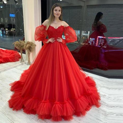 sevintage אדום טול שמלות נשף תחרה אפליקציות מתוקה שרוולים נפוחים נשים ערב הסעודית קו מסיבת ערב רשמית g