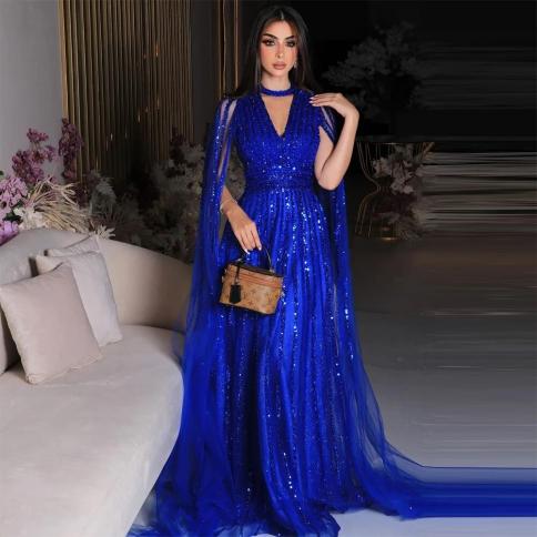 sevintage נוצץ כחול רויאל חרוזים נצנצים שמלות נשף קו שמלות ערב שמלת מסיבה בערב הסעודית לנשים דובאי עבור