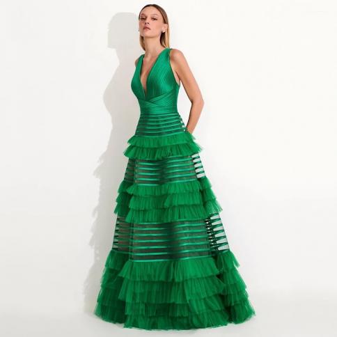 שמלות נשף סווינטג' ירוקות עם צווארון ללא שרוולים סלסולים טול קפל קפל טול שמלות ערב שמלות ערב מיוחדות