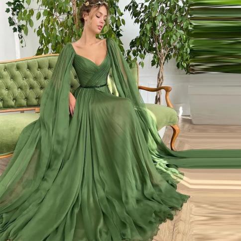 שמלות נשף בשיפון ירוק סוינטג' שרוולים ארוכים קפל צד מפוצל חמוד צד שמלות ערב מסיבת חתונה