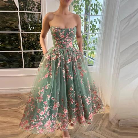 sevintage רקמה מעודנת תחרה אפליקציות טול שמלות נשף תה ללא שרוולים אורך קו קפל שמלות ערב מפוצצות